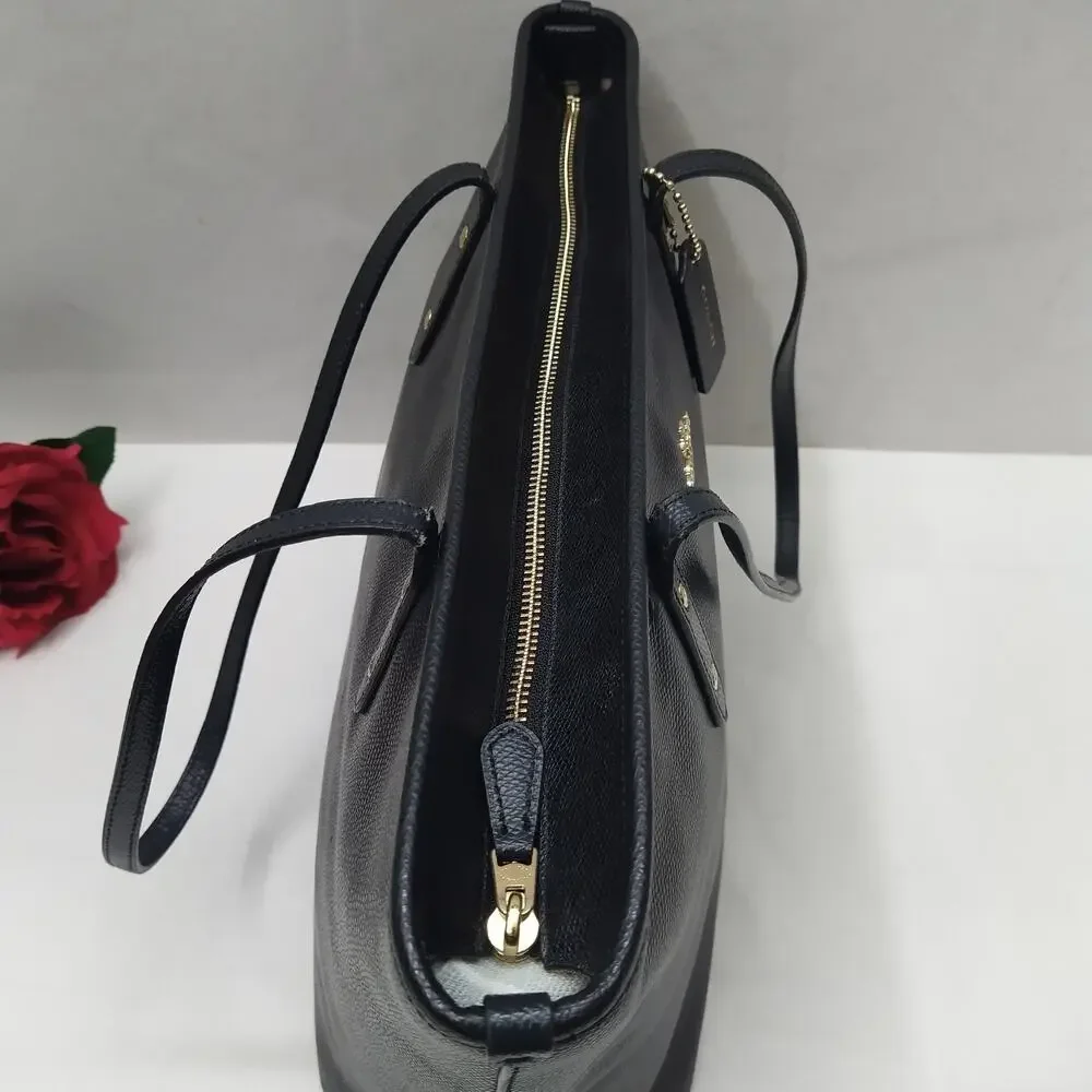 Coach Black Leather Double Handles Zipper Closure Tote Bag